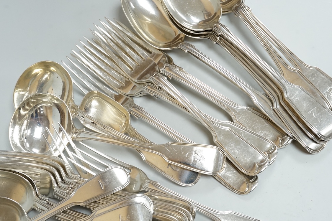 A part canteen of early 19th century silver fiddle and thread pattern flatware by Joseph & Albert Savory, comprising six table and dessert spoons, six table and dessert forks, a pair of sauce ladles, four mustard ladles,